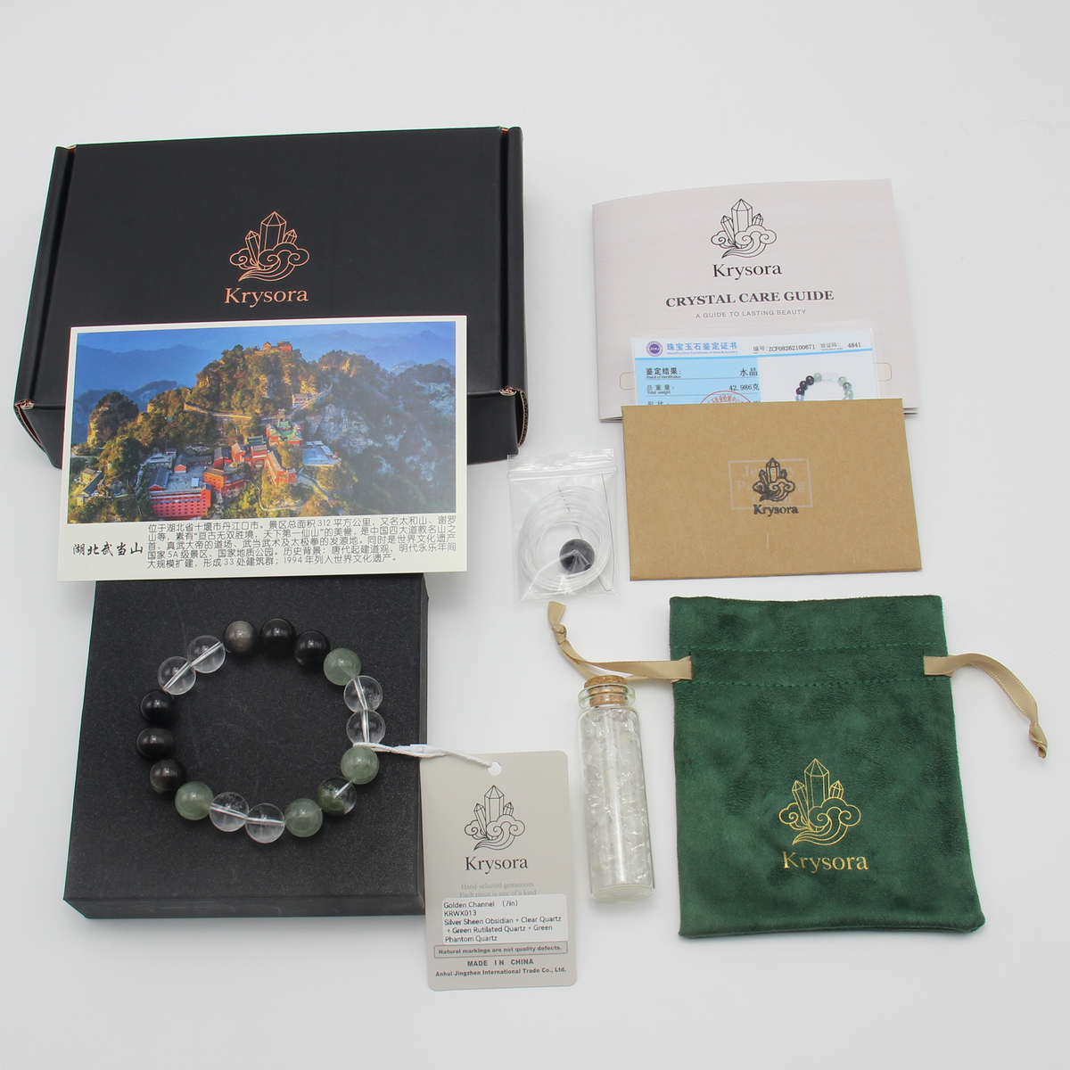 Golden Channel bracelet by Krysora with its gift packaging - black gift box, velvet pouch, care guide and certificate