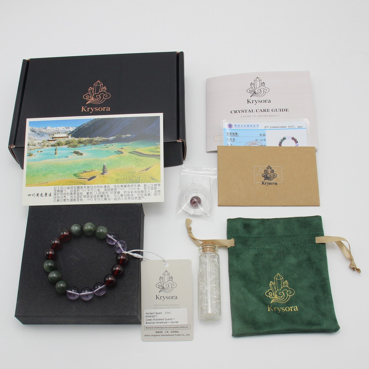 Verdant Spark bracelet by Krysora with its gift packaging - black gift box, velvet pouch, care guide and certificate