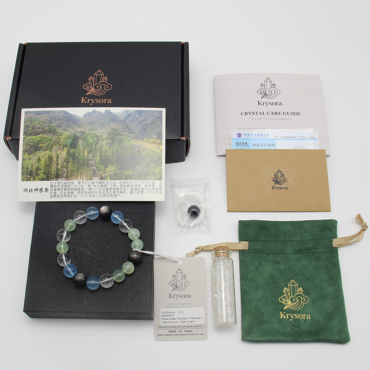 Confluence bracelet by Krysora with its gift packaging - black gift box, velvet pouch, care guide and certificate