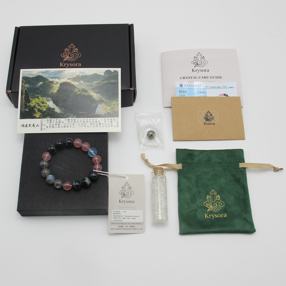 Tri-Sheen bracelet by Krysora with its gift packaging - black gift box, velvet pouch, care guide and certificate