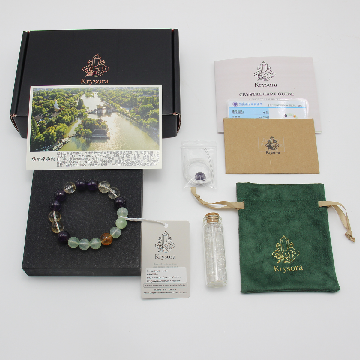 Tri-Cultivate bracelet by Krysora with its gift packaging - black gift box, velvet pouch, care guide and certificate