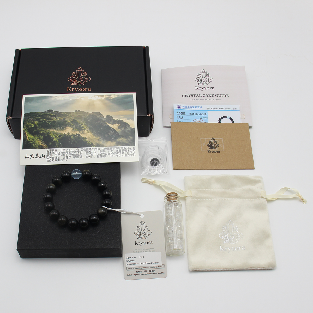Aqua Sheen gift set — bracelet with pouch, care card and gemstone certificate.