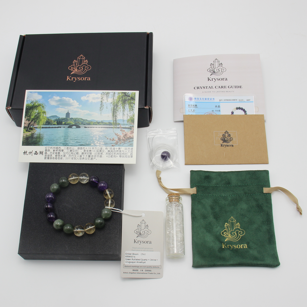Verdant Flame bracelet by Krysora with its gift packaging - black gift box, velvet pouch, care guide and certificate
