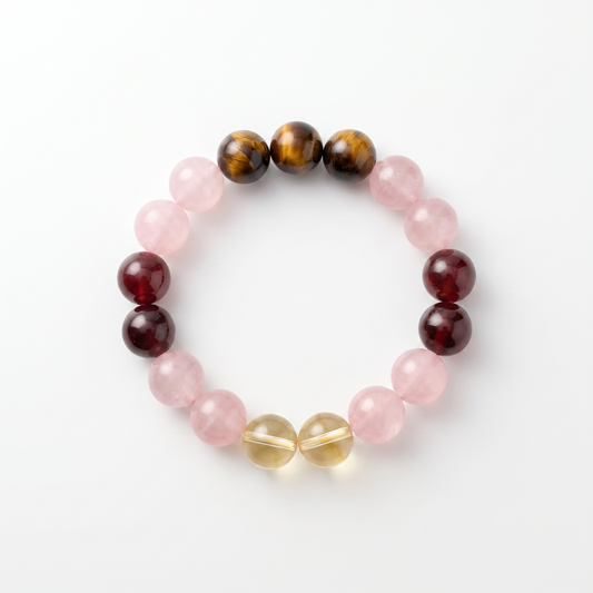 Ember Bloom bracelet by Krysora - Rose Quartz, Tiger's Eye, Garnet and Citrine beads, soft pink warm red and settled clay palette, product photo on white background