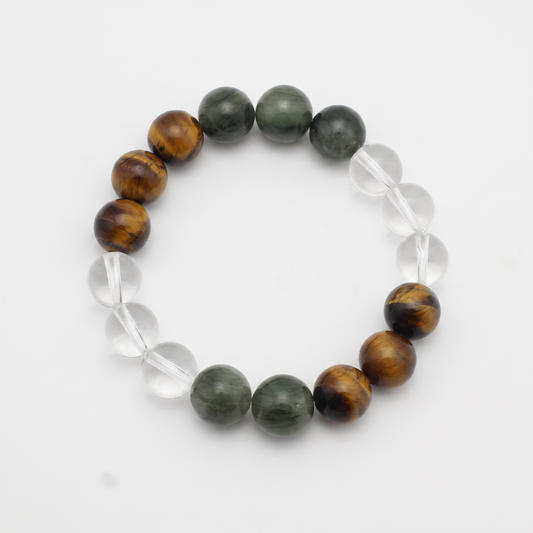 Verdant Bronze bracelet by Krysora - Green Rutilated Quartz and Tiger's Eye with Clear Quartz accents, verdant green and golden-brown palette, product photo on white background