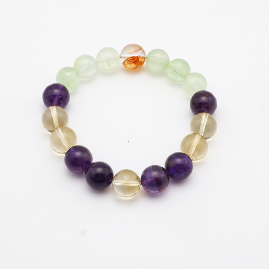 Tri-Cultivate bracelet by Krysora - Red Hematoid Quartz, Citrine, Prehnite and Amethyst beads, product photo on white background