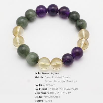 Verdant Flame bracelet by Krysora - bead size, materials and sizing information on white