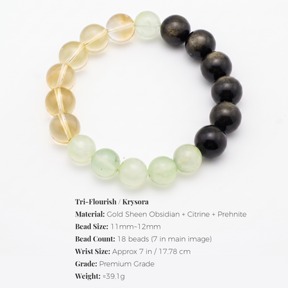 Tri-Flourish bracelet by Krysora - bead size, gemstones and sizing information on white