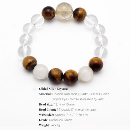 Gilded Silk bracelet by Krysora - bead size, materials and sizing information on white