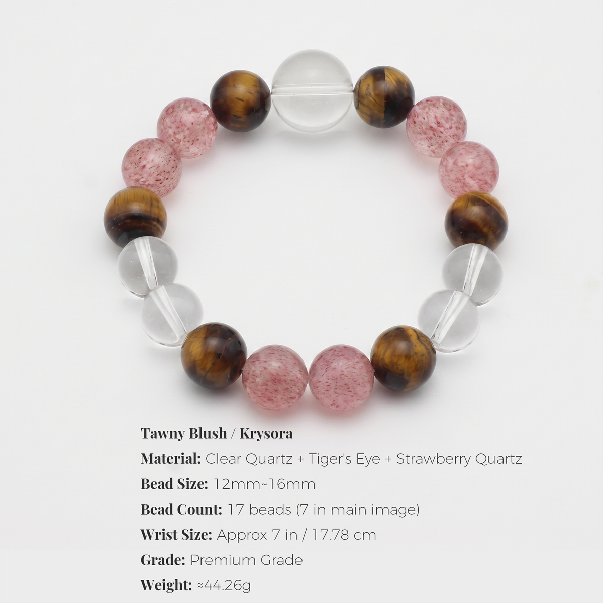 Tawny Blush bracelet by Krysora - bead size and sizing information on plain background