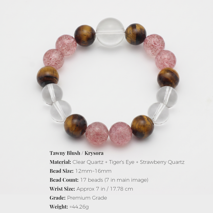Tawny Blush bracelet by Krysora - bead size and sizing information on plain background