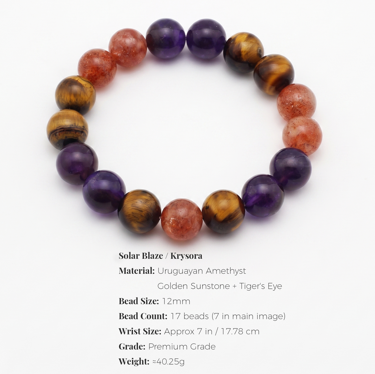 Solar Blaze bracelet by Krysora -- bead size, materials and sizing information on white.