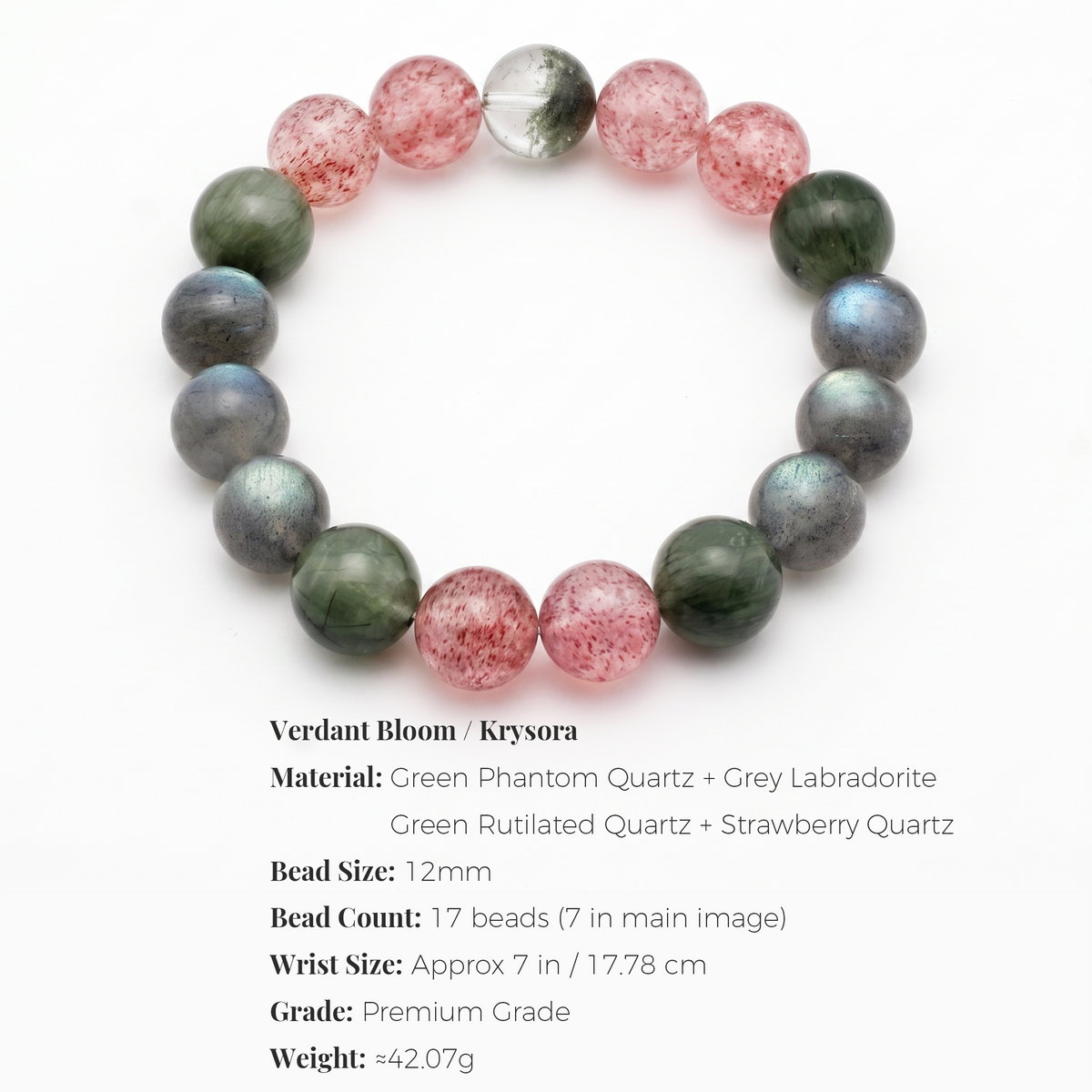 Verdant Bloom bracelet by Krysora - bead size, gemstones and sizing information on white