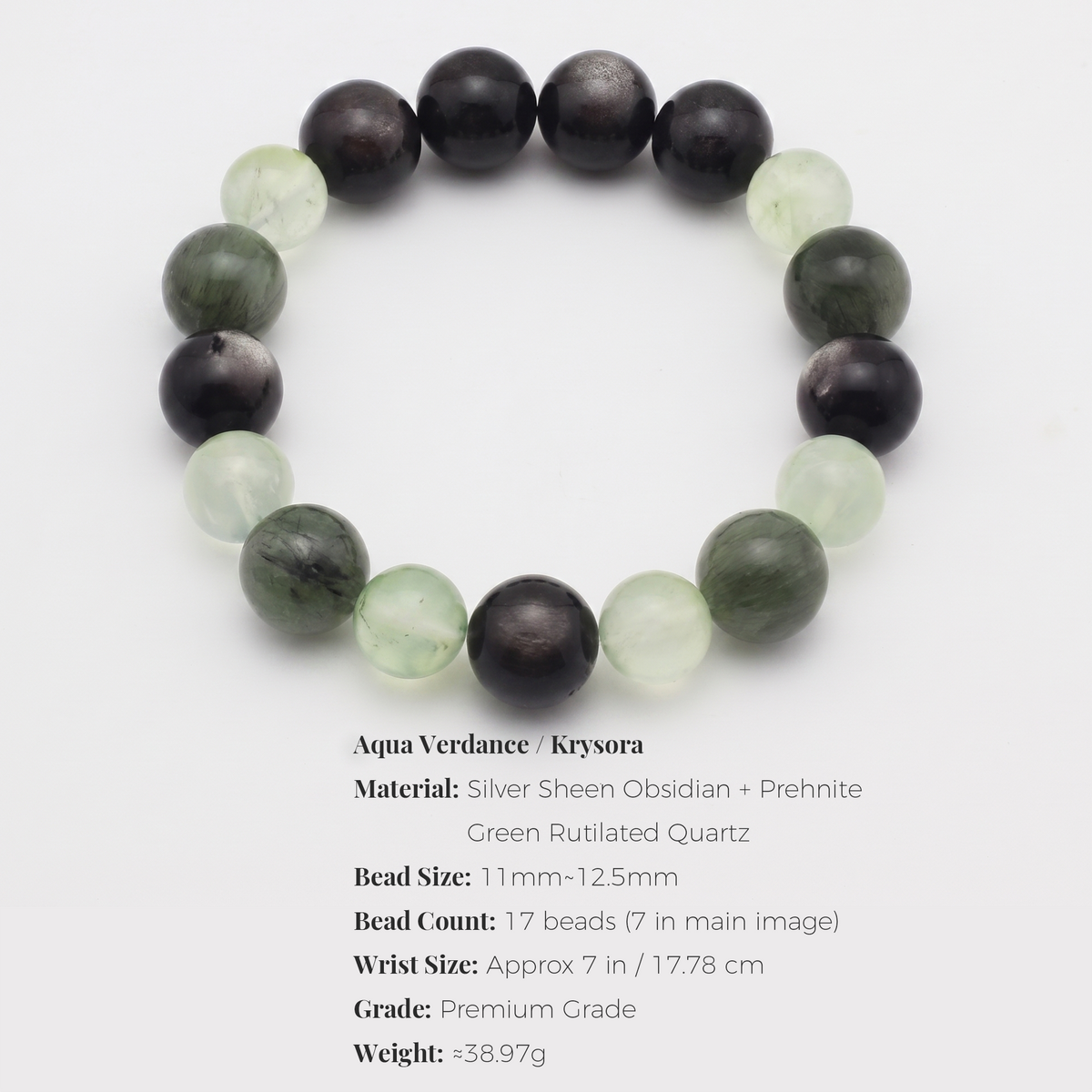 Aqua Verdance bracelet by Krysora - bead size, materials and sizing information on white