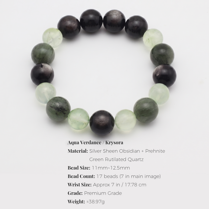 Aqua Verdance bracelet by Krysora - bead size, materials and sizing information on white