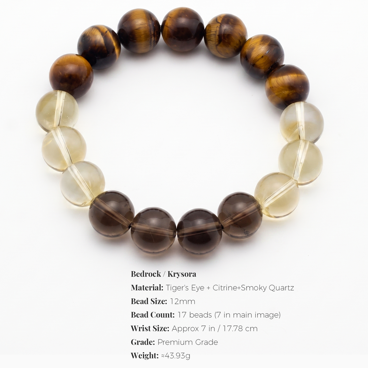 Bedrock bracelet by Krysora -- bead size, materials and sizing information on white.