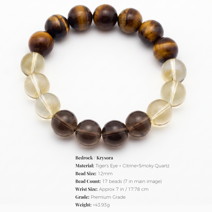 Bedrock bracelet by Krysora -- bead size, materials and sizing information on white.
