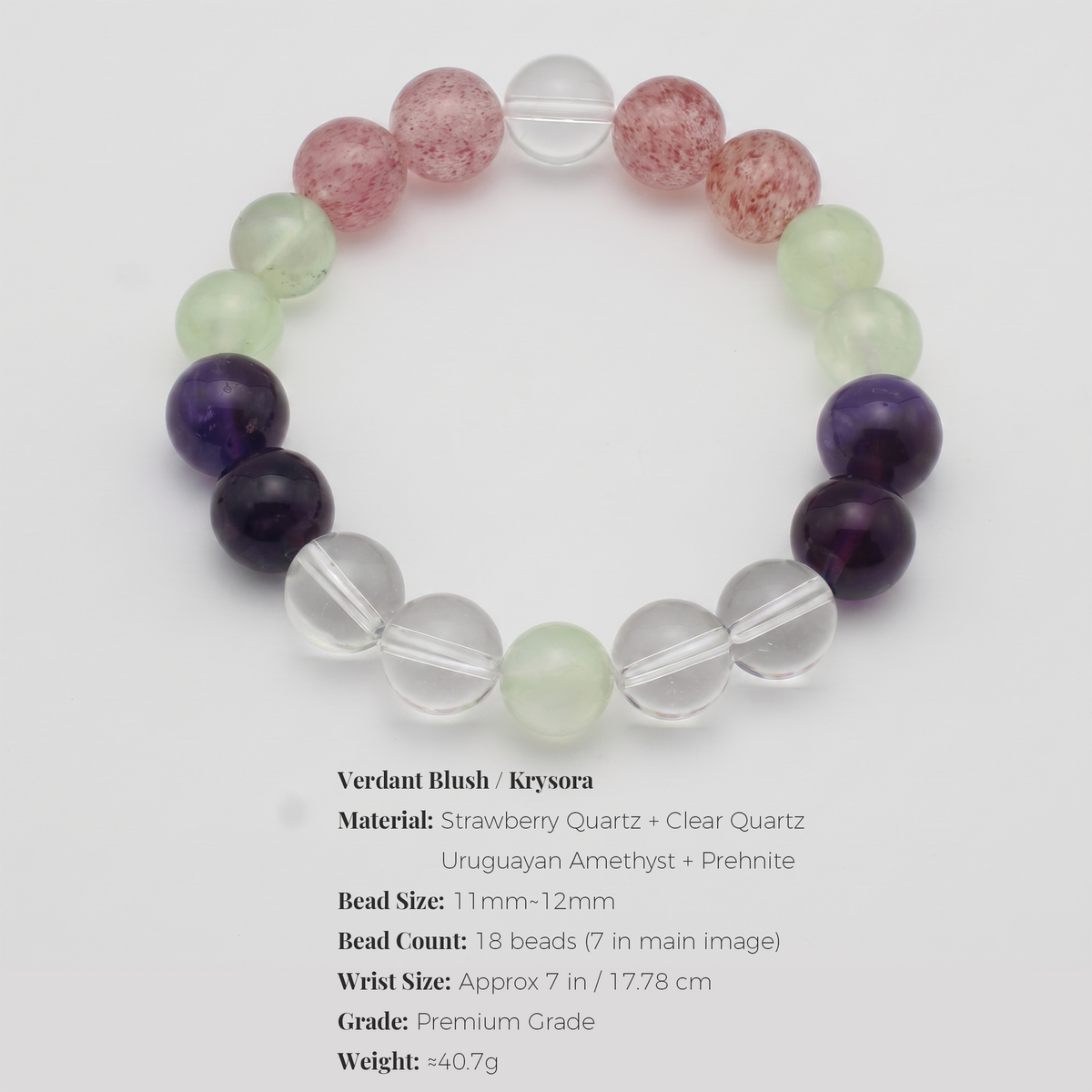 Verdant Blush bracelet by Krysora - bead size, gemstones and sizing information on white