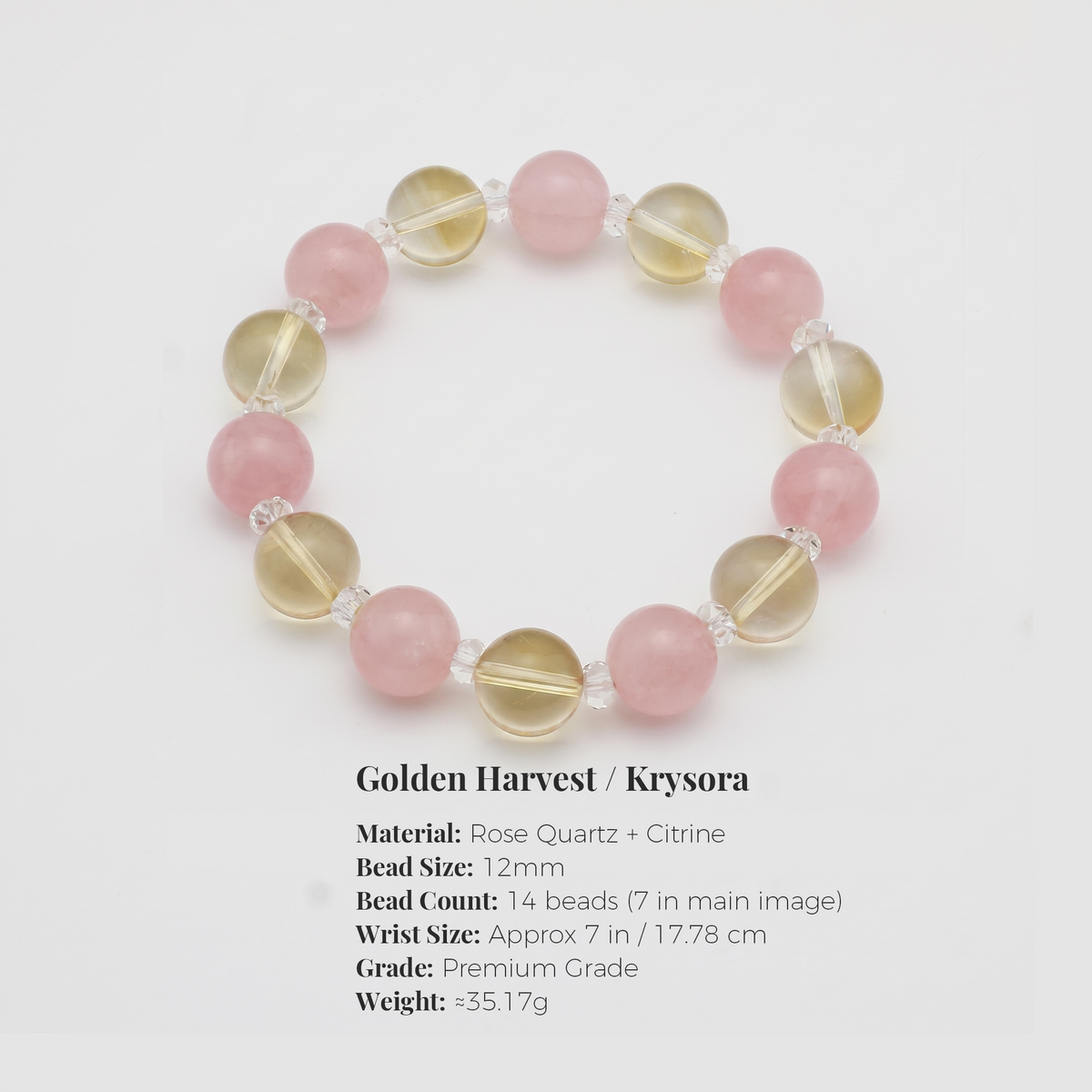 Golden Harvest bracelet by Krysora -- bead size, materials and sizing information on white.