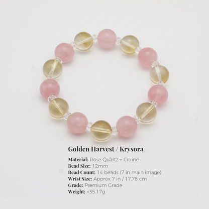 Golden Harvest bracelet by Krysora -- bead size, materials and sizing information on white.