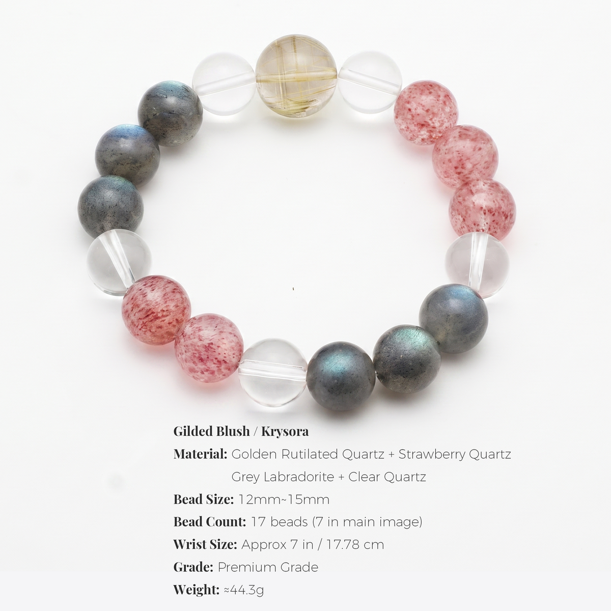 Gilded Blush bracelet by Krysora - bead size, gemstones and sizing information on white
