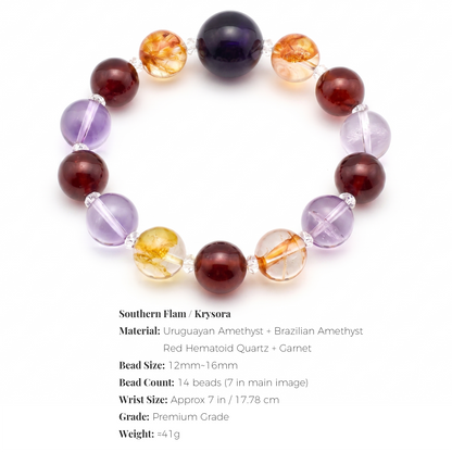 Southern Flame bracelet by Krysora -- bead size, materials and sizing information on white.