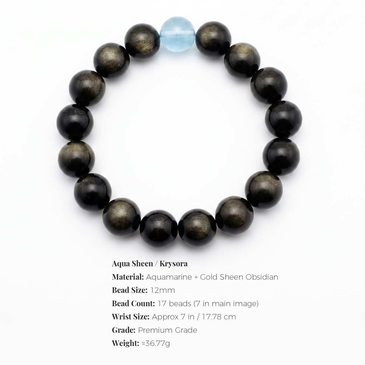Aqua Sheen bracelet by Krysora -- bead size, materials and sizing information on white.