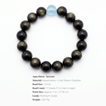 Aqua Sheen bracelet by Krysora -- bead size, materials and sizing information on white.