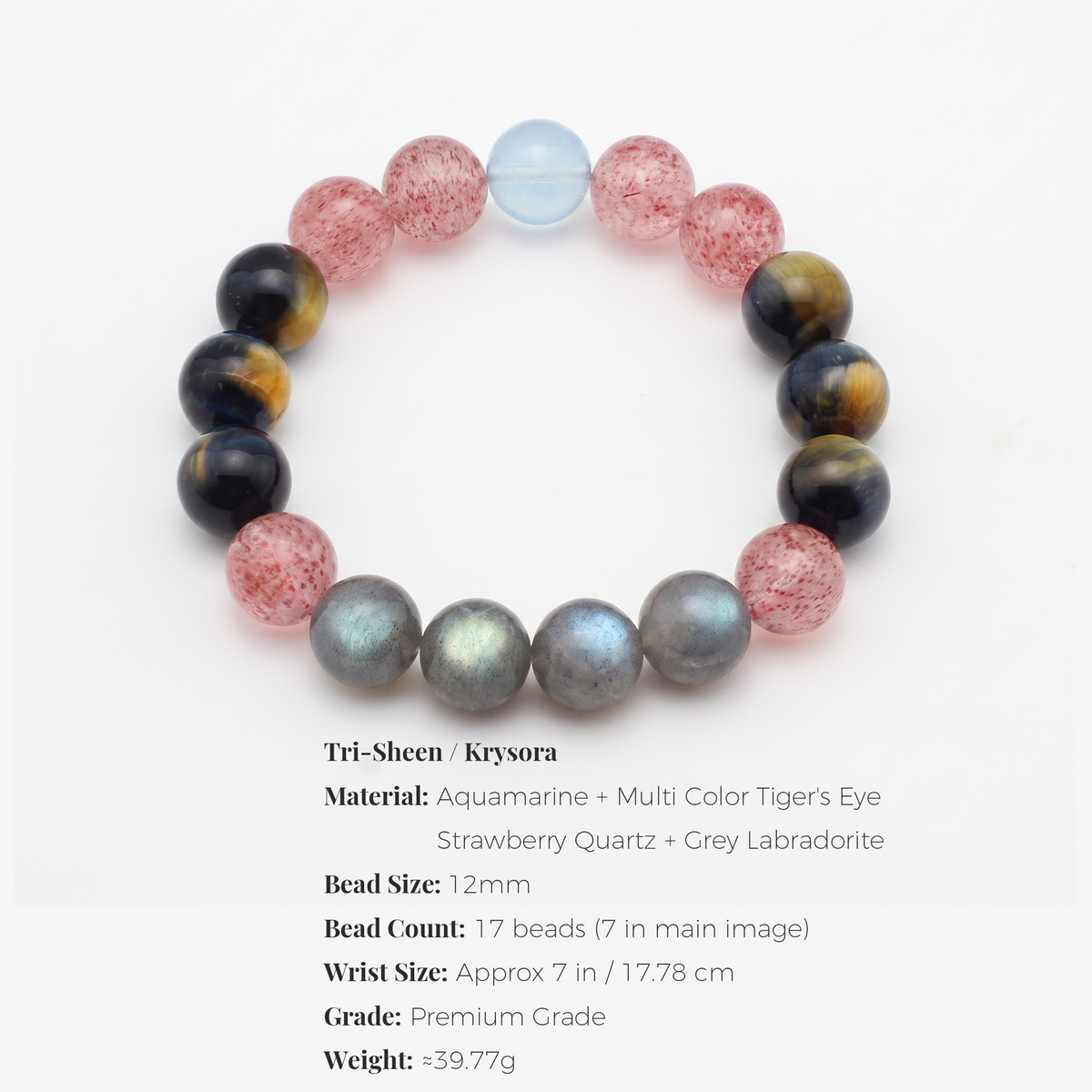Tri-Sheen bracelet by Krysora - bead size, gemstones and sizing information on white