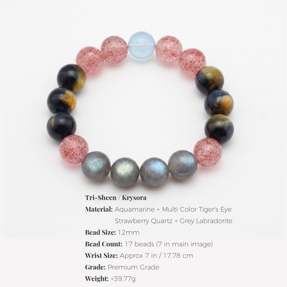 Tri-Sheen bracelet by Krysora - bead size, gemstones and sizing information on white