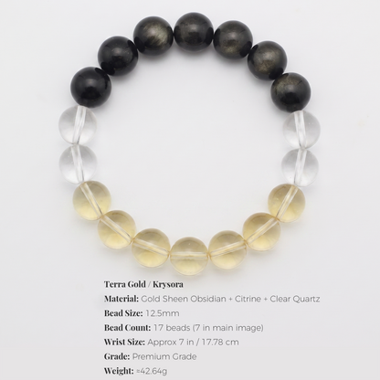 Terra Gold bracelet by Krysora - bead size, materials and sizing information on white