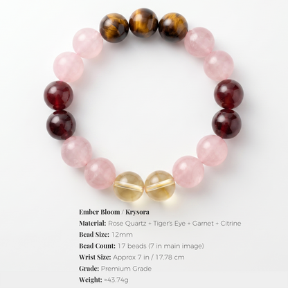 Ember Bloom bracelet by Krysora - bead size, materials and sizing information on white