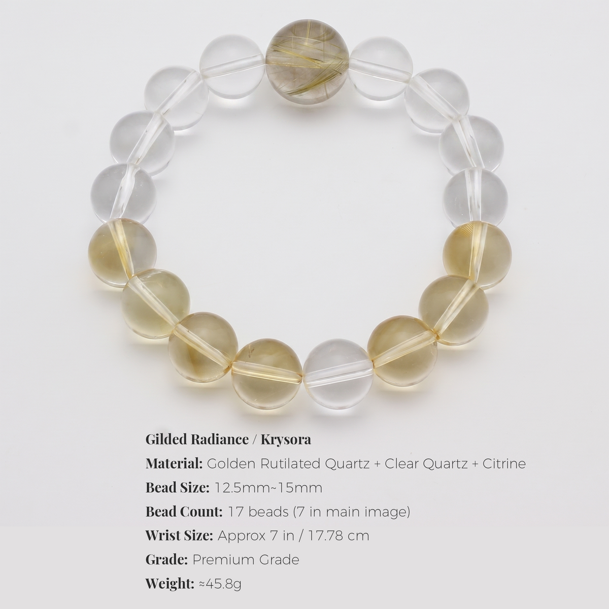 Gilded Radiance bracelet by Krysora - bead size, materials and sizing information on white
