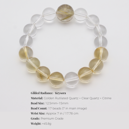 Gilded Radiance bracelet by Krysora - bead size, materials and sizing information on white