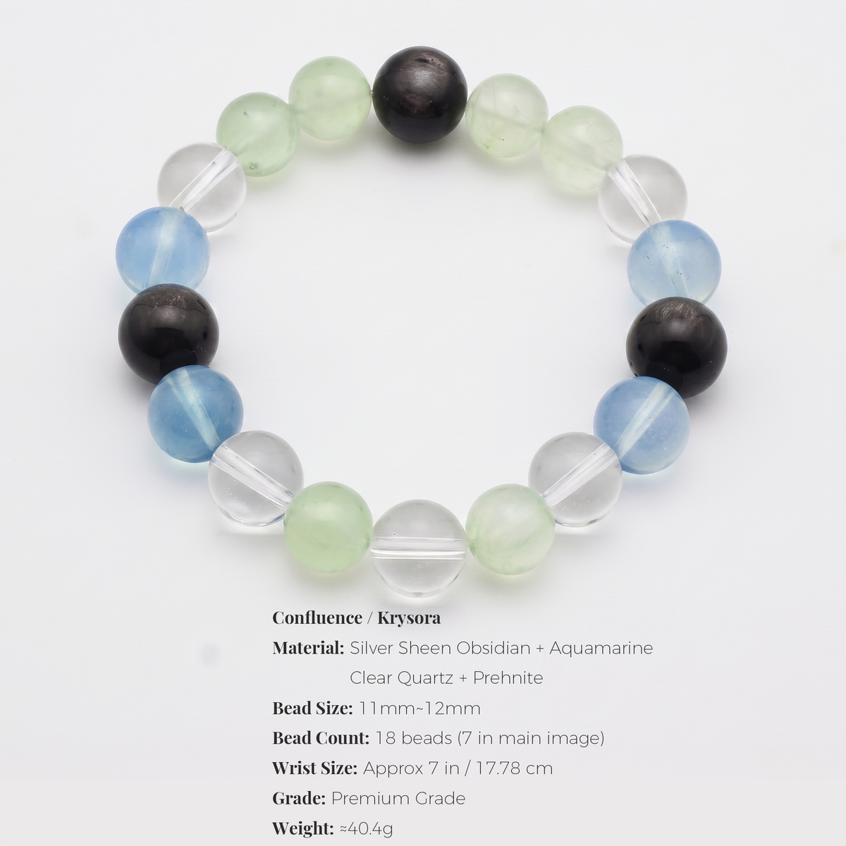 Confluence bracelet by Krysora - bead size, gemstones and sizing information on white