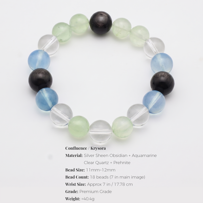 Confluence bracelet by Krysora - bead size, gemstones and sizing information on white