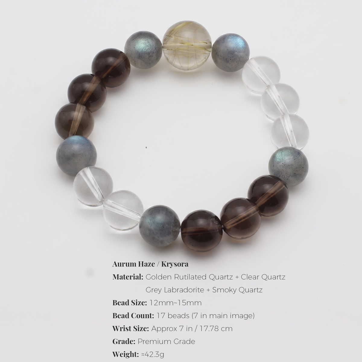 Aurum Haze bracelet by Krysora - bead size, gemstones and sizing information on white