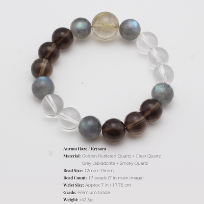 Aurum Haze bracelet by Krysora - bead size, gemstones and sizing information on white