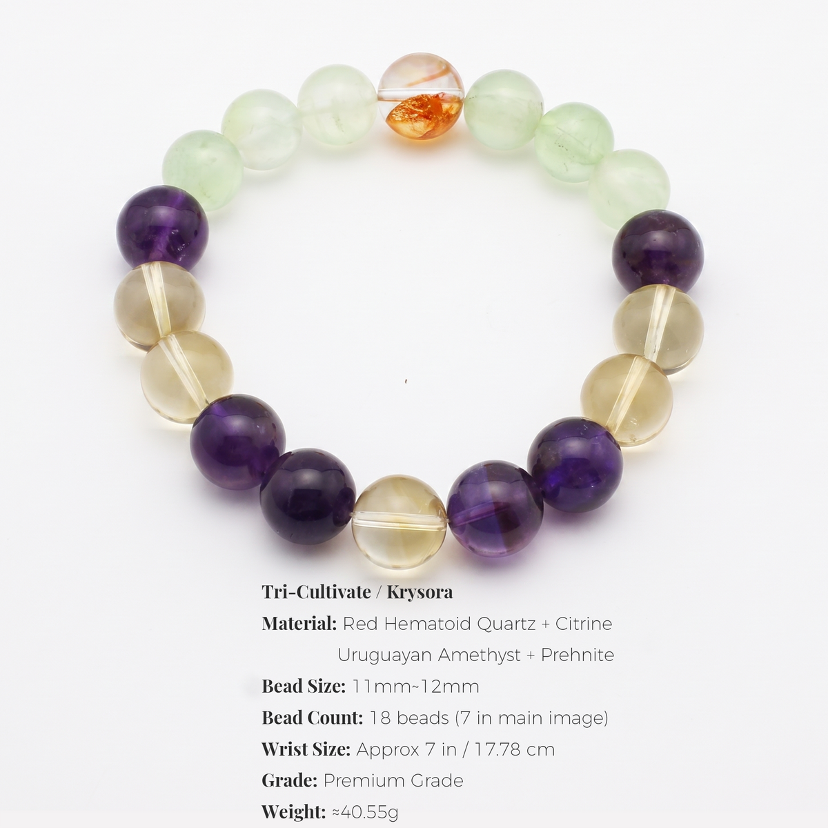 Tri-Cultivate bracelet by Krysora - bead size, gemstones and sizing information on white
