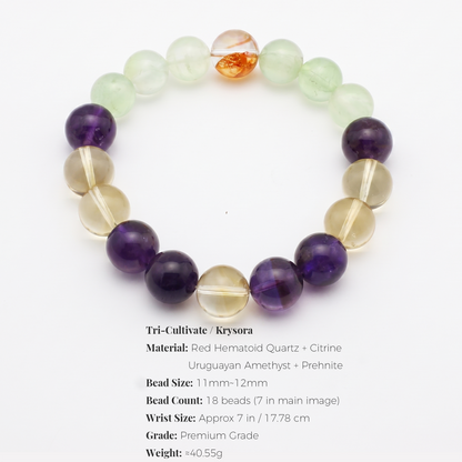 Tri-Cultivate bracelet by Krysora - bead size, gemstones and sizing information on white