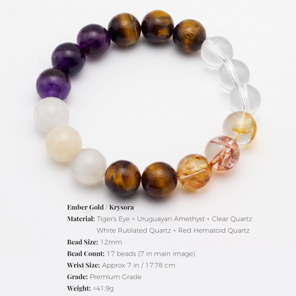 Ember Gold bracelet by Krysora - bead size, materials and sizing information on white