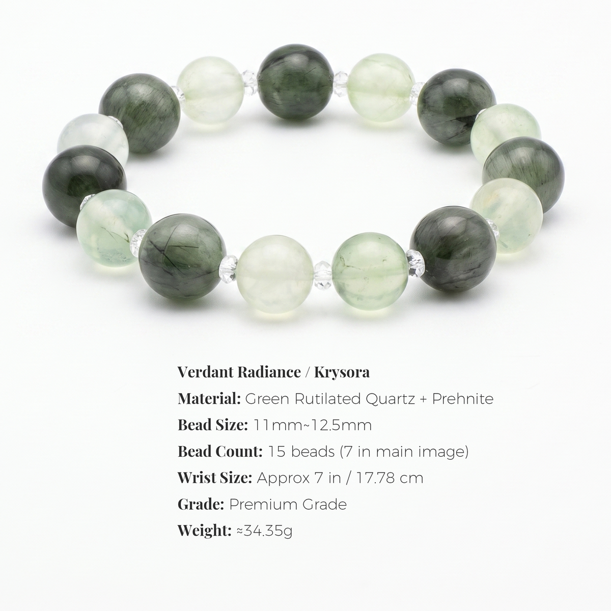 Verdant Radiance bracelet by Krysora -- bead size, materials and sizing information on white.
