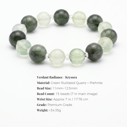 Verdant Radiance bracelet by Krysora -- bead size, materials and sizing information on white.