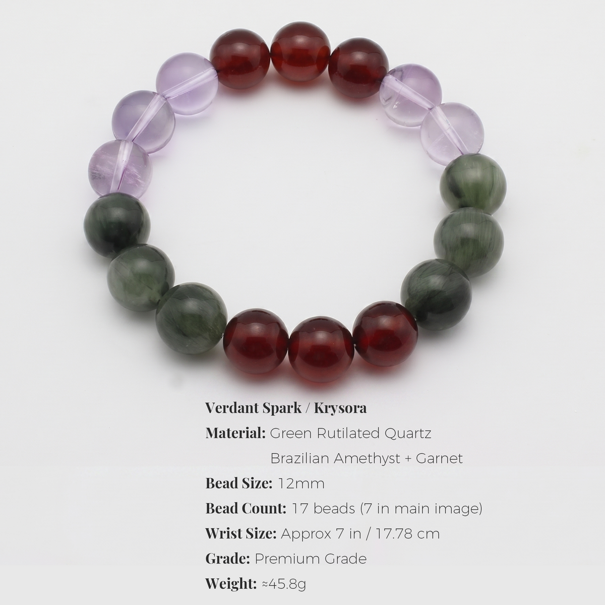 Verdant Spark bracelet by Krysora - bead size, materials and sizing information on white