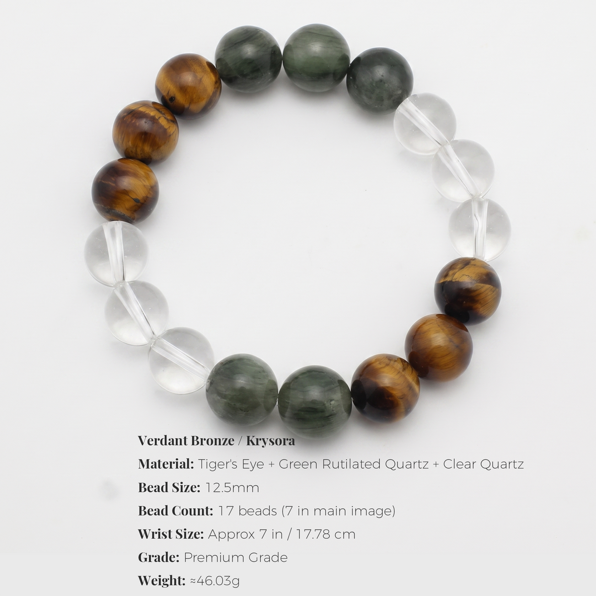 Verdant Bronze bracelet by Krysora - bead size, gemstones and sizing information on white
