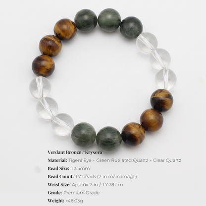 Verdant Bronze bracelet by Krysora - bead size, gemstones and sizing information on white