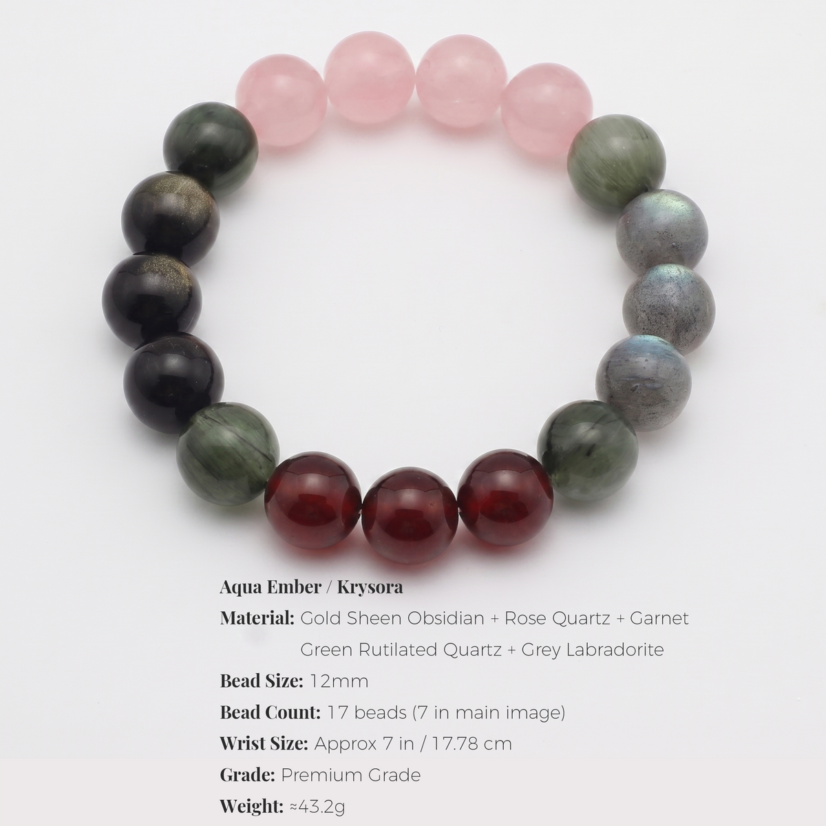 Aqua Ember bracelet by Krysora - bead size, materials and sizing information on white