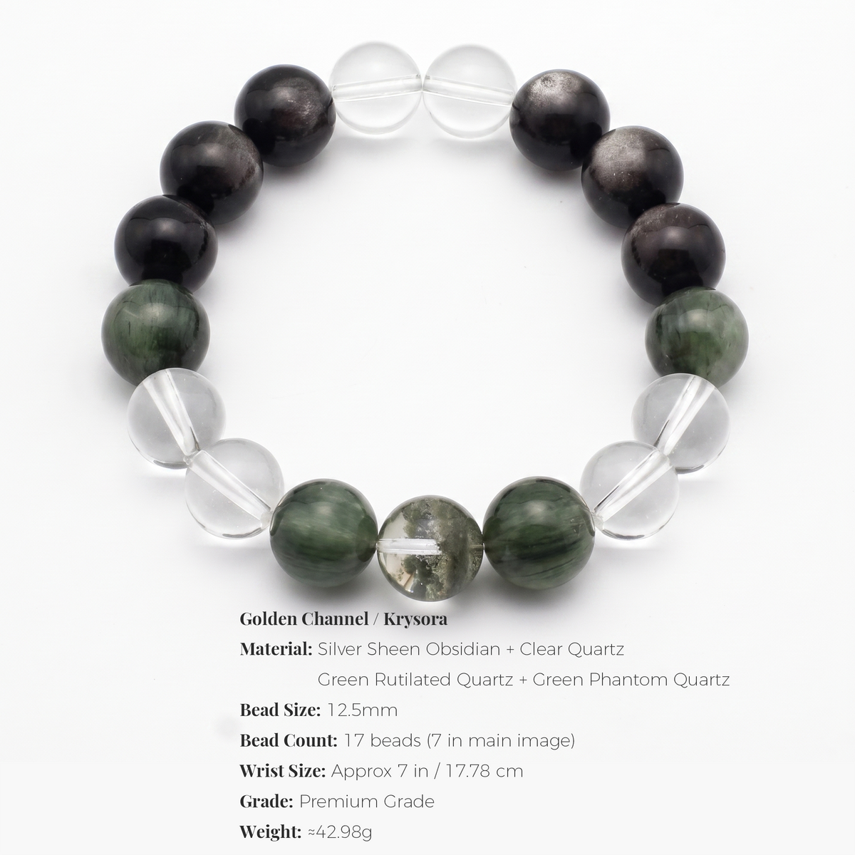 Golden Channel bracelet by Krysora - bead size, materials and sizing information on white