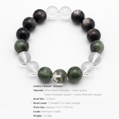 Golden Channel bracelet by Krysora - bead size, materials and sizing information on white