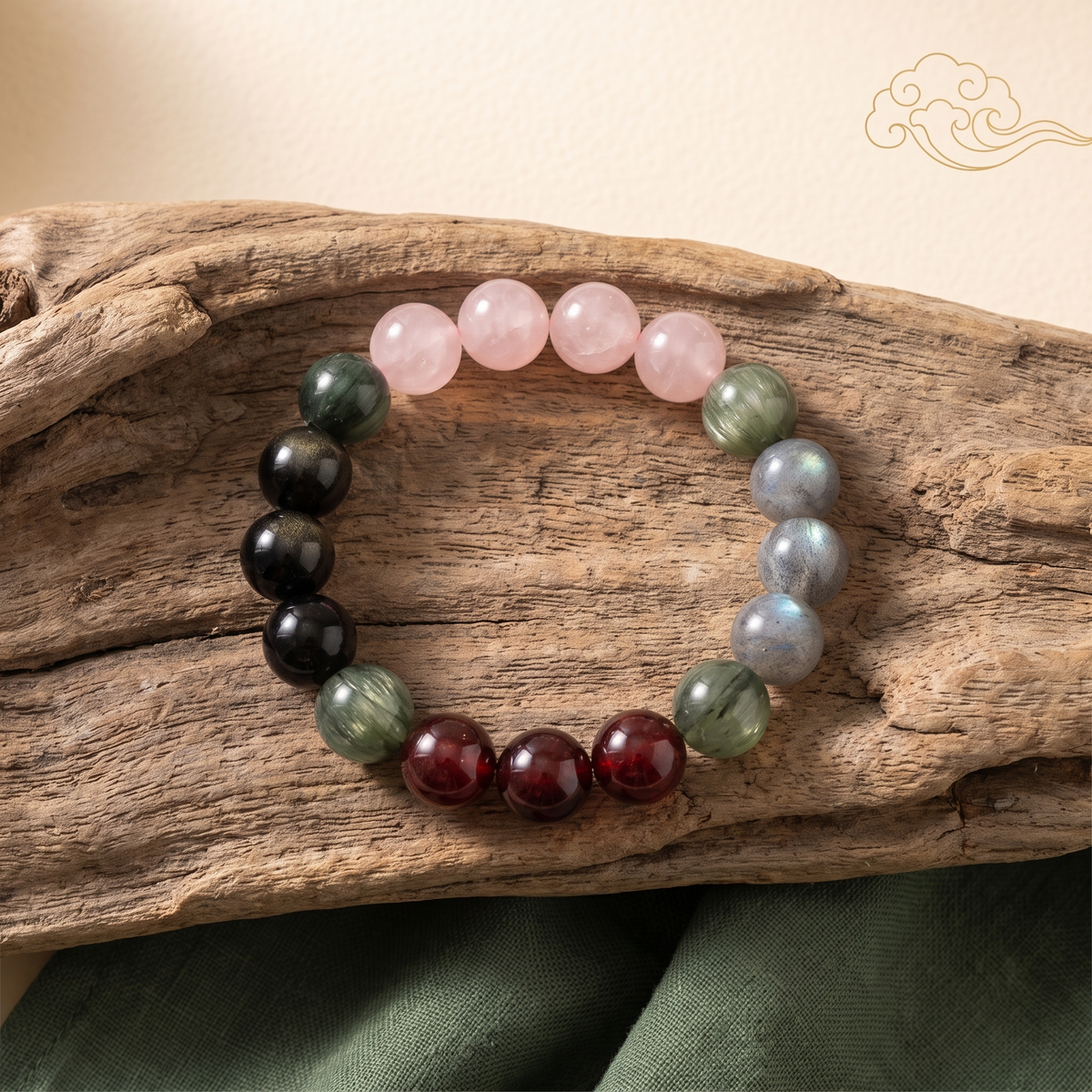 Aqua Ember bracelet by Krysora in a brand scene - deep ink meeting warm ember, a two-tone gemstone bracelet